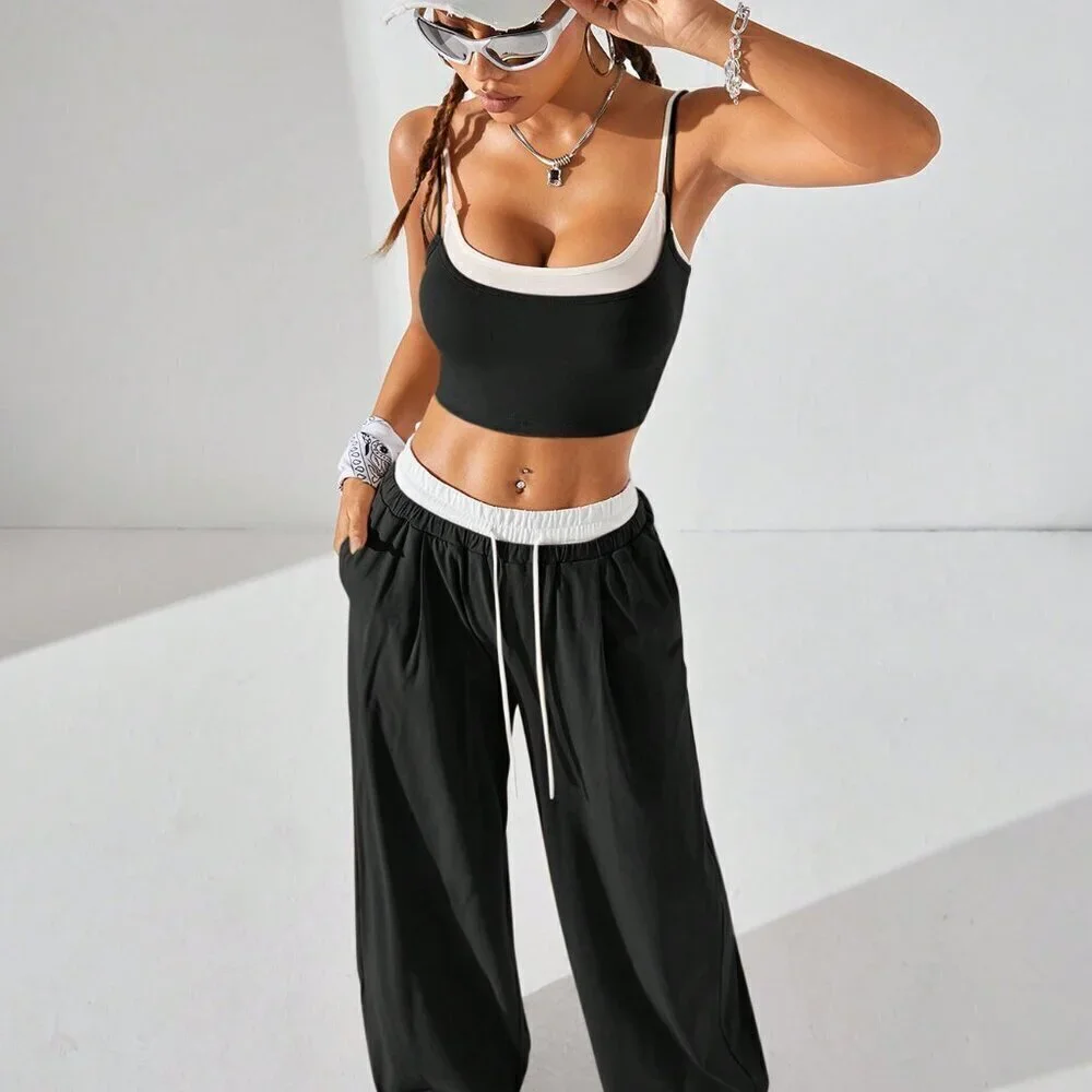 Black and White Casual Women's Sport Knit Tank Top & Sweatpants